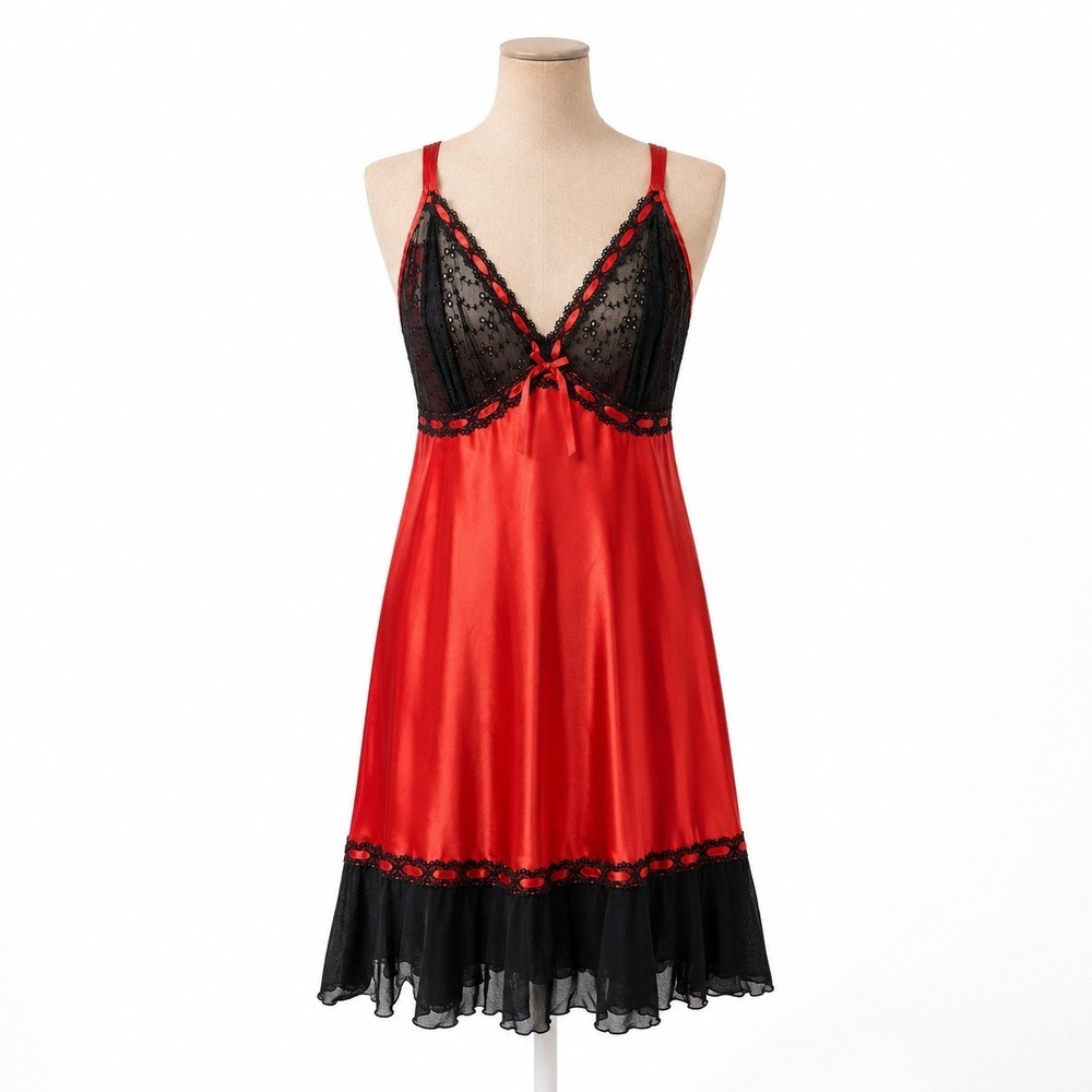 Sheer Lace Trim Satin Chemise Babydoll Dress Size 1X Red Black Nightgown Witchy